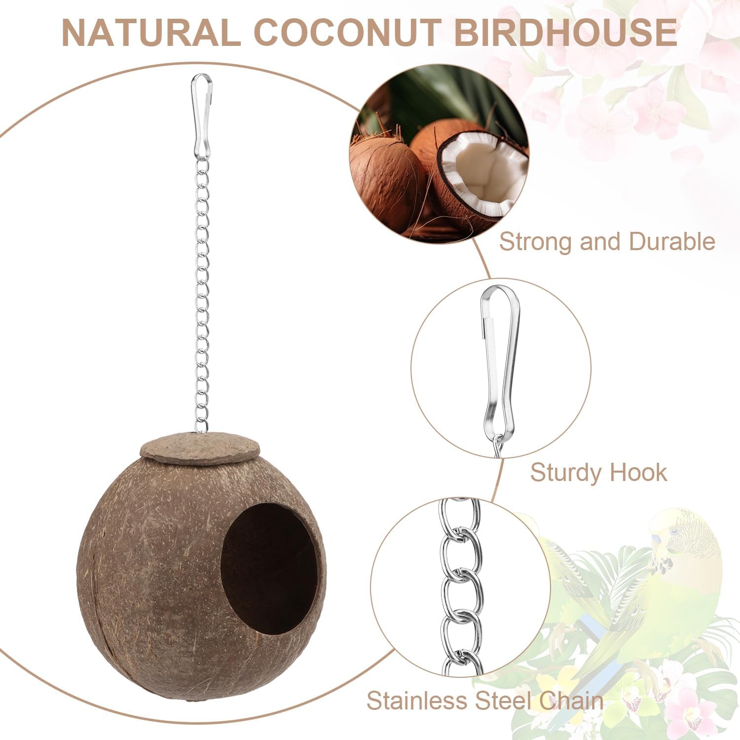 Hy Natural Coconut Hideaway Parrot Birds Toys Decorative Bird Nest Cage House for Pet Parrot Budgies Parakeet Cockatiels Conure Canary Finch Pigeon Cage Hamster Rat (Nest Cage Only)