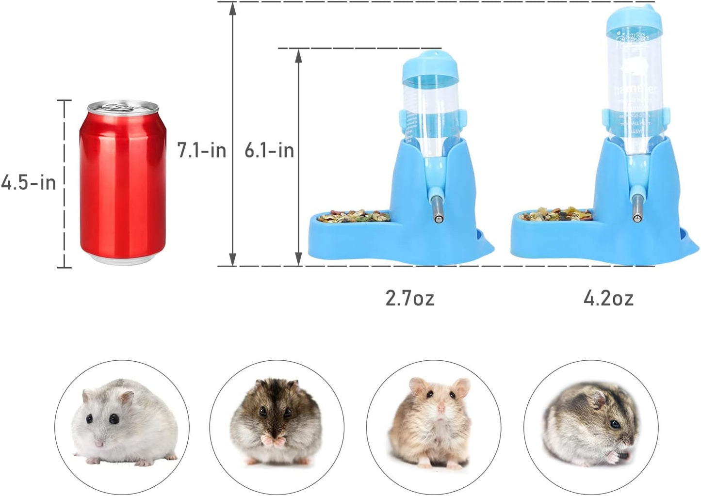 3 in 1 Hamster Hanging Water Bottle Pet Auto Dispenser with Base for Dwarf Hamster Mouse Rat Hedgehog (80ML, Blue)