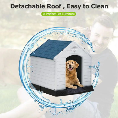 Indoor Outdoor Dog House Big Dog House Plastic Dog Houses for Small Medium Large Dogs 32 Inch High All Weather Dog House with Base Support for Winter Tough Durable House with Air Vents Elevated Floor