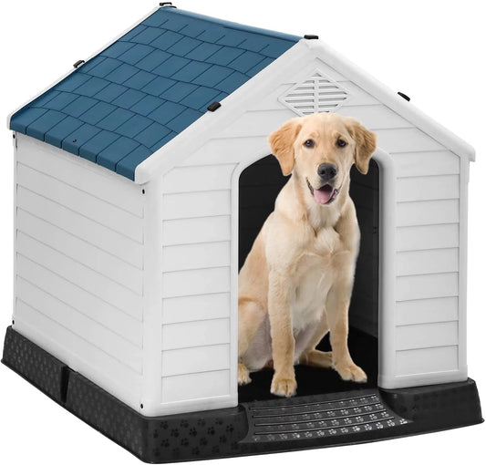 Indoor Outdoor Dog House Big Dog House Plastic Dog Houses for Small Medium Large Dogs 32 Inch High All Weather Dog House with Base Support for Winter Tough Durable House with Air Vents Elevated Floor