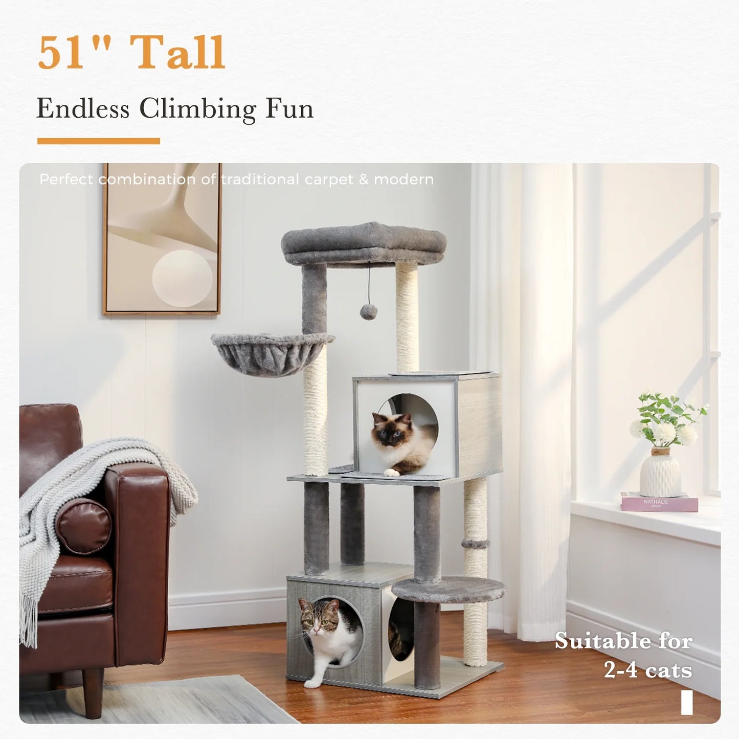 51" Cat Tree House for Big Cats, Cat Condo for Multiple Cats with Scratching Posts, Cat Tree Tower, Gray