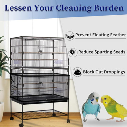 Large Bird Cage Cover, Bird Cage Seed Catcher, Adjustable Soft Airy Nylon Mesh Net, Birdcage Cover Skirt Seed Guard for Parrot Parakeet Macaw African round Square Cages (Black)