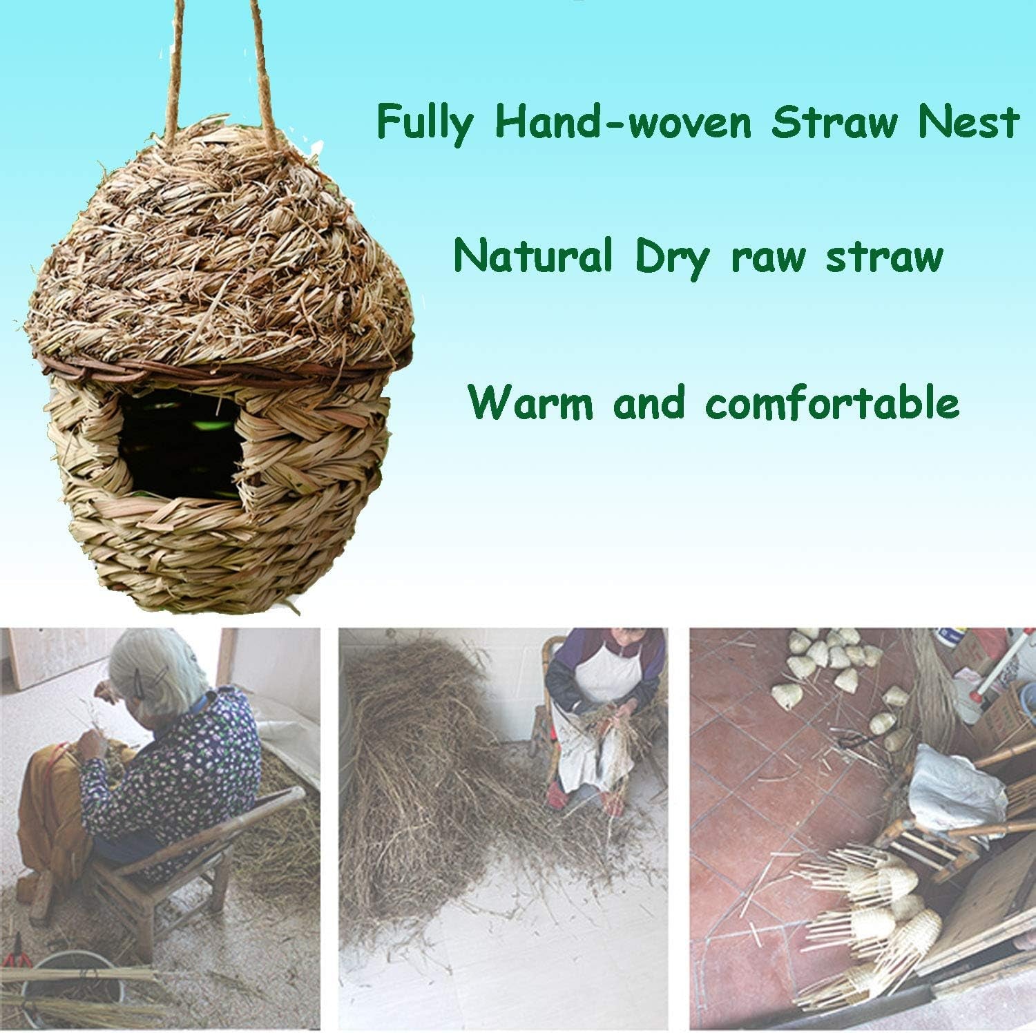 Handwoven Straw Bird Cage Nest House, 100% Natural Fiber Hanging Birdhouse Hatching Breeding Cave Cozy Resting Breeding Place for Birds - Ideal for Parrot, Canary, Finch or Cockatiel