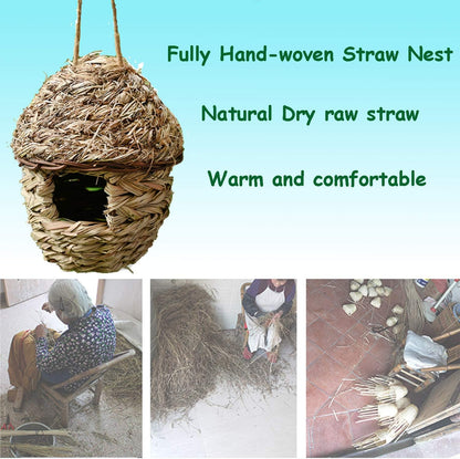 Handwoven Straw Bird Cage Nest House, 100% Natural Fiber Hanging Birdhouse Hatching Breeding Cave Cozy Resting Breeding Place for Birds - Ideal for Parrot, Canary, Finch or Cockatiel