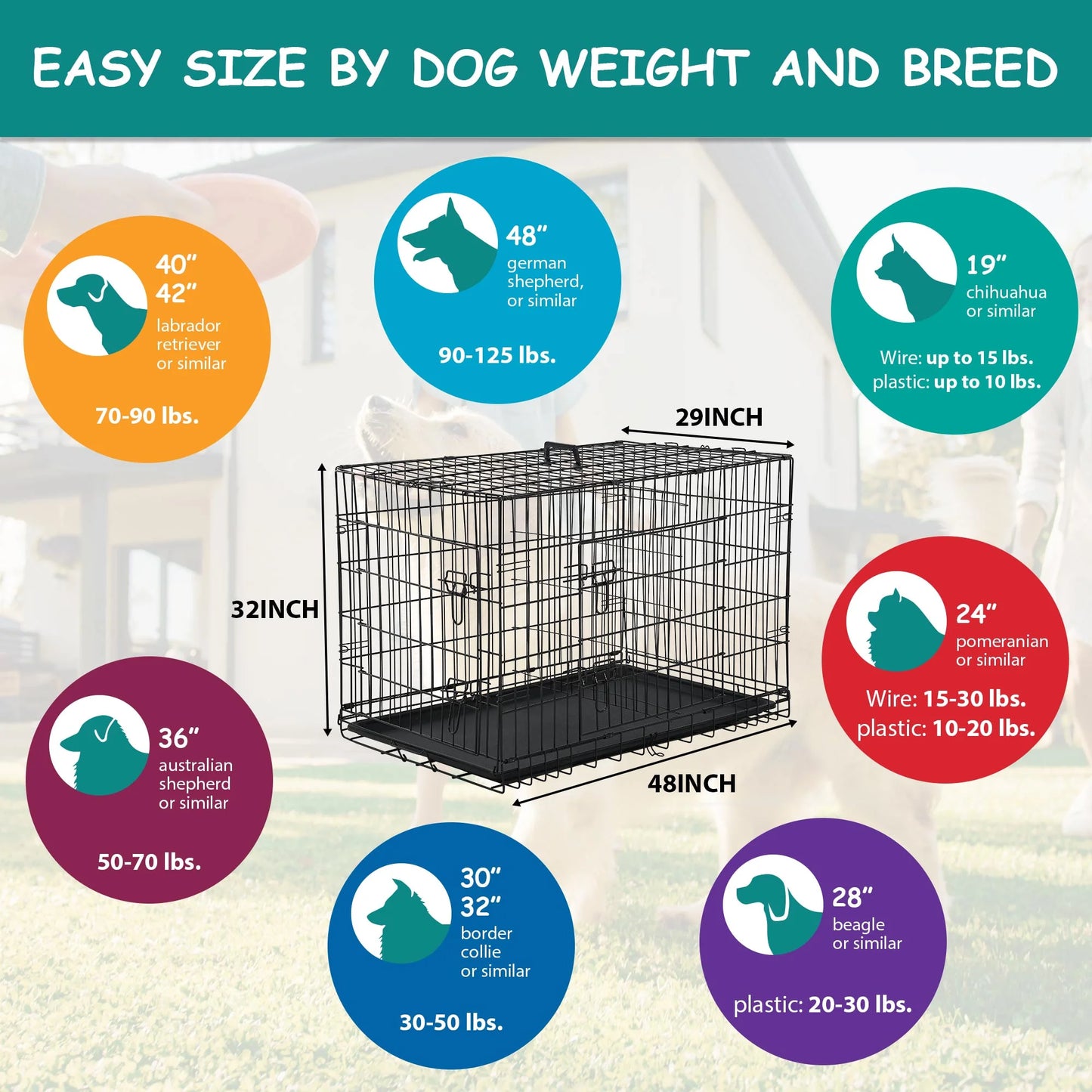 48 Inch Dog Cage for Large Dogs Indoor, Folding Dog Crates and Kennels Double Door, Pet Cage with Tray Pan for Dogs ,Dog Crates for Large Dogs