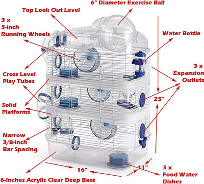 Sparkle Clear 4 Solid Floor Levels Expandable and Customizable Habitat Hamster Rodent Gerbil Mouse Mice Cage with Large Running Ball on Top