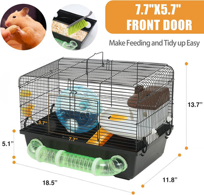 Large Dwarf Hamster Cage Habitats -  New Big Movable Hamster Cage Platform with Accessories Bathroom Tube Black Hamster Habitats for Gerbil Guinea Pig Syrian Dwarf 18.5 X 11.8 X 13.7Inches