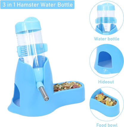 3 in 1 Hamster Hanging Water Bottle Pet Auto Dispenser with Base for Dwarf Hamster Mouse Rat Hedgehog (80ML, Blue)