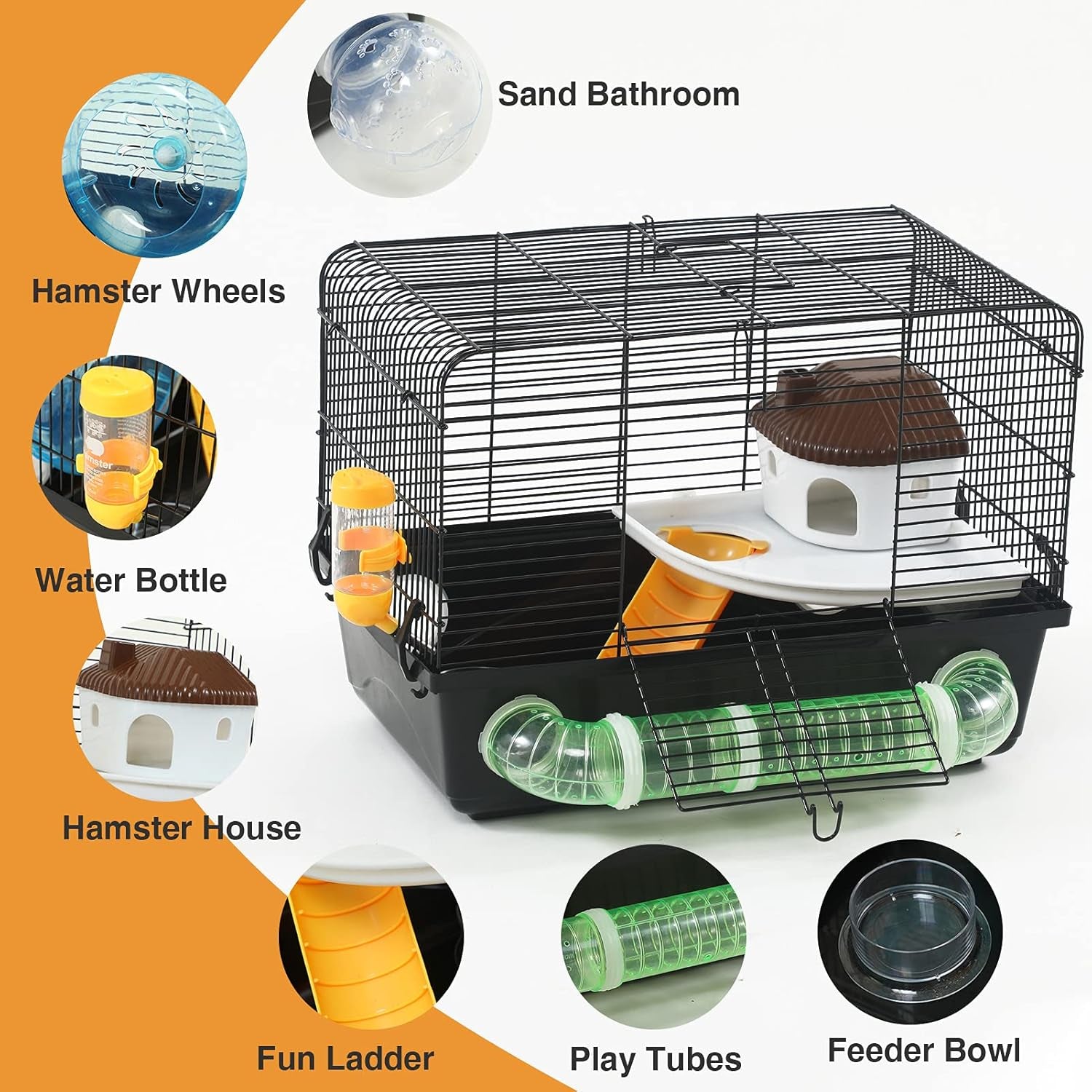 Large Dwarf Hamster Cage Habitats -  New Big Movable Hamster Cage Platform with Accessories Bathroom Tube Black Hamster Habitats for Gerbil Guinea Pig Syrian Dwarf 18.5 X 11.8 X 13.7Inches