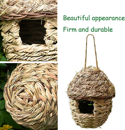 Handwoven Straw Bird Cage Nest House, 100% Natural Fiber Hanging Birdhouse Hatching Breeding Cave Cozy Resting Breeding Place for Birds - Ideal for Parrot, Canary, Finch or Cockatiel