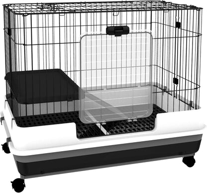 2-Level Small Animal Cage Rabbit Hutch with Wheels, Removable Tray, Platform and Ramp for Bunny, Chinchillas, Ferret, Black