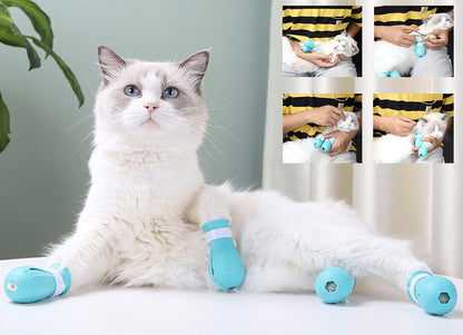 Cat Boots for Cats Only, Anti-Scratch Cat Feet Covers Adjustable Prickly Anti-Off Shoes for Cat Silicone Cat Paw Protector Boots for Cats of Various Sizes for Cat Bathing and Shaving (Blue)