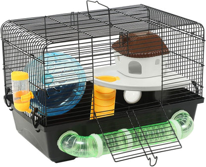 Large Dwarf Hamster Cage Habitats -  New Big Movable Hamster Cage Platform with Accessories Bathroom Tube Black Hamster Habitats for Gerbil Guinea Pig Syrian Dwarf 18.5 X 11.8 X 13.7Inches