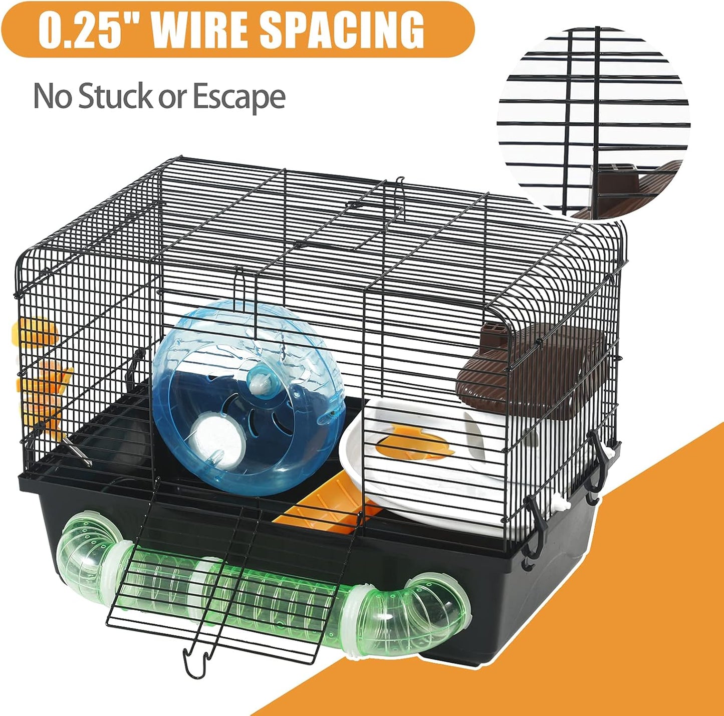 Large Dwarf Hamster Cage Habitats -  New Big Movable Hamster Cage Platform with Accessories Bathroom Tube Black Hamster Habitats for Gerbil Guinea Pig Syrian Dwarf 18.5 X 11.8 X 13.7Inches