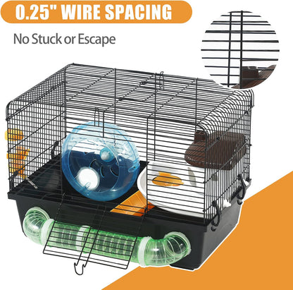 Large Dwarf Hamster Cage Habitats -  New Big Movable Hamster Cage Platform with Accessories Bathroom Tube Black Hamster Habitats for Gerbil Guinea Pig Syrian Dwarf 18.5 X 11.8 X 13.7Inches