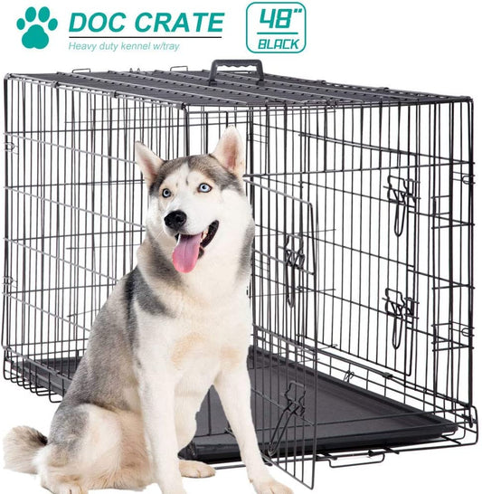 XXL Dog Cage, 48 Inch, Black, Leak Proof, Metal Wire Crate, Pet Animal Segregation Cage with Double-Divider, Tray, Handle for Dog Training, Indoor Use