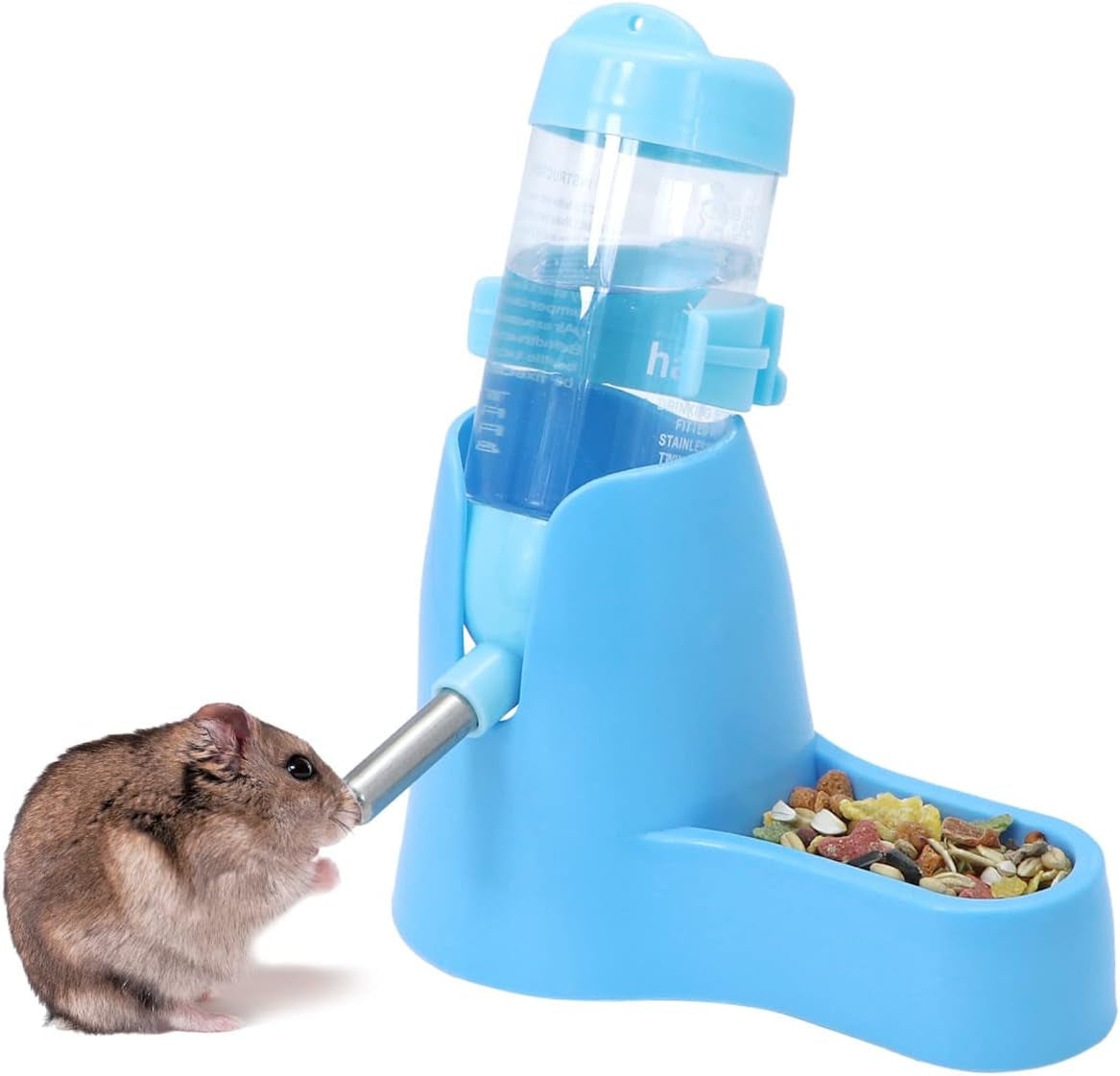 3 in 1 Hamster Hanging Water Bottle Pet Auto Dispenser with Base for Dwarf Hamster Mouse Rat Hedgehog (80ML, Blue)