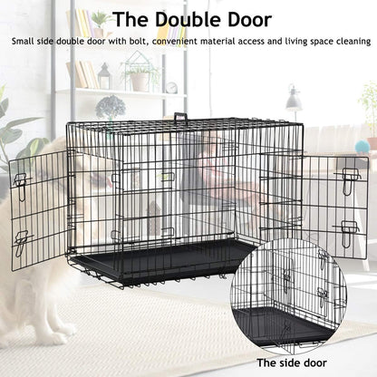 XXL Dog Cage, 48 Inch, Black, Leak Proof, Metal Wire Crate, Pet Animal Segregation Cage with Double-Divider, Tray, Handle for Dog Training, Indoor Use