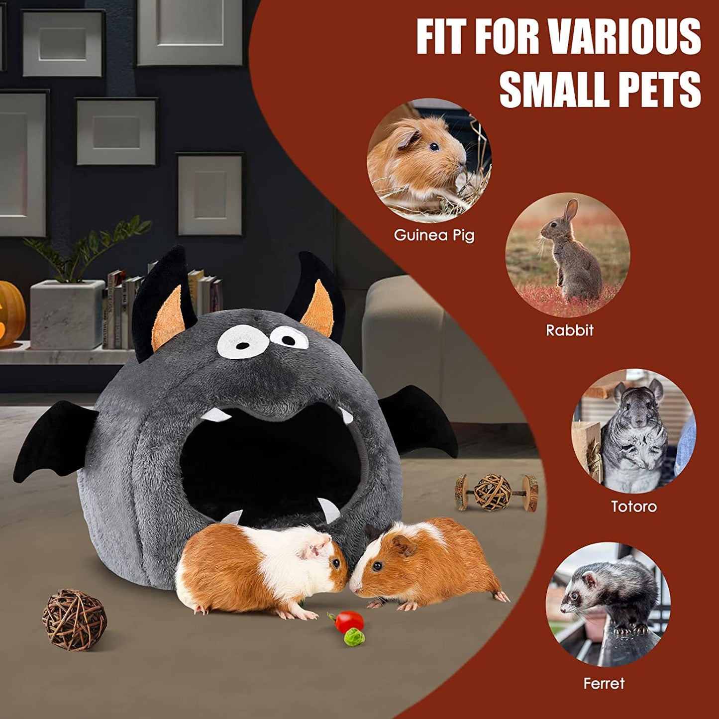 Guinea Pig Bed, Guinea Pig Hideout, Rabbit Bed, Bunny Hideout, Guinea Pig Cage Accessories for Guinea Pig, Bunny, Hamster, Chinchilla, Ferret, Rabbit and Other Small Pets - Bat Shape