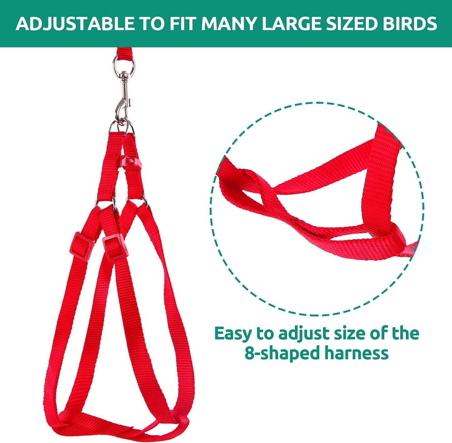 Bird Harness and Leash Kit Adjustable Anti-Bite, Fit for Large Medium Birds, Macaw,Budgerigar, Cockatoo, African Grey, and Reptiles, Lizards(Red Medium)