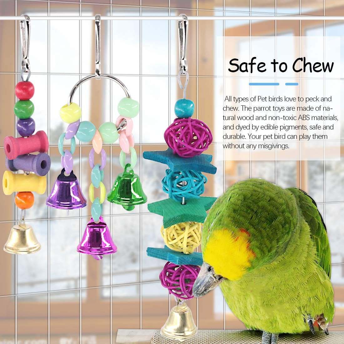 6 Pack Bird Parrot Chewing Toys Set, Bird Perches Swing Toys Hanging Toys with Bells for Parakeets, Cockatiels, Conures, Macaws, Parrots, Finches and Love Birds