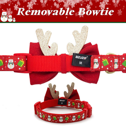 Christmas Dog Collar Adjustable Xmas Dog Collar with Christmas Antler Bow Tie Accessories Snowman Dog Collar for Medium Dogs