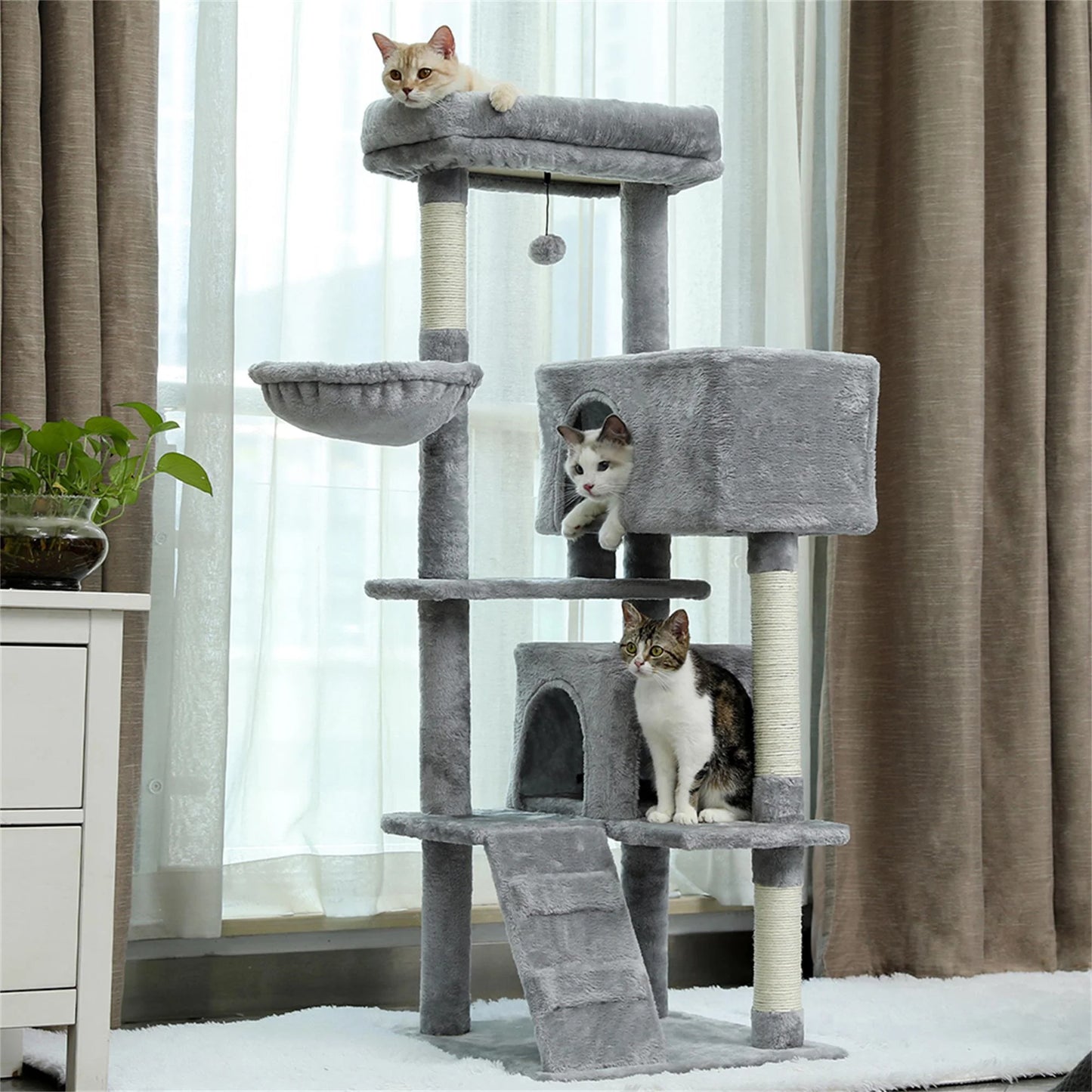 56" Multi-Level Cat Tree Tower House for Indoor Cats, Cat Condo Plush Perch with Scratching Posts, Gray