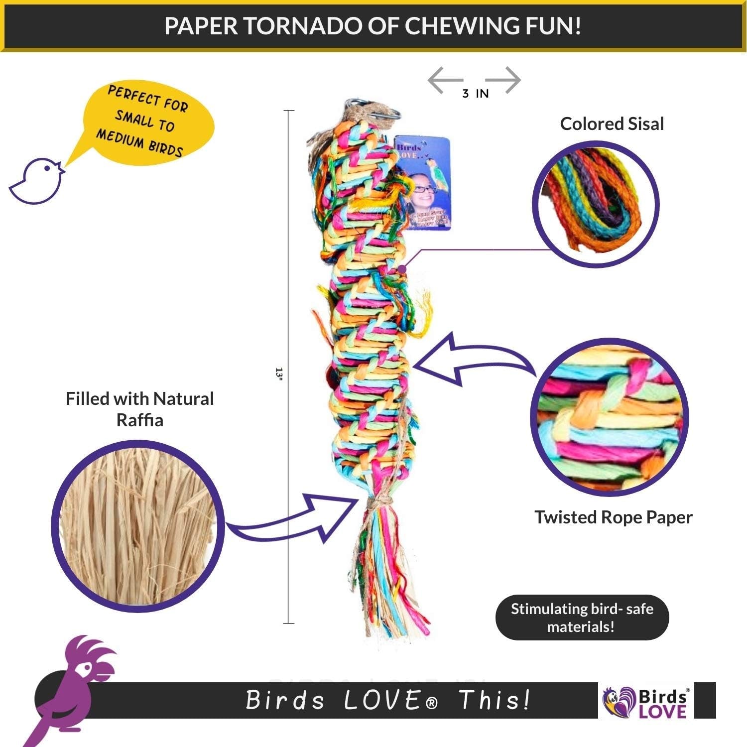 Single Medium Twisted Paper Tornado Bird Toy for Amazons, Eclectus, Mini Macaws, Sun Conures, Cockatoos, African Greys and Similar Sized Medium Birds - Single Item