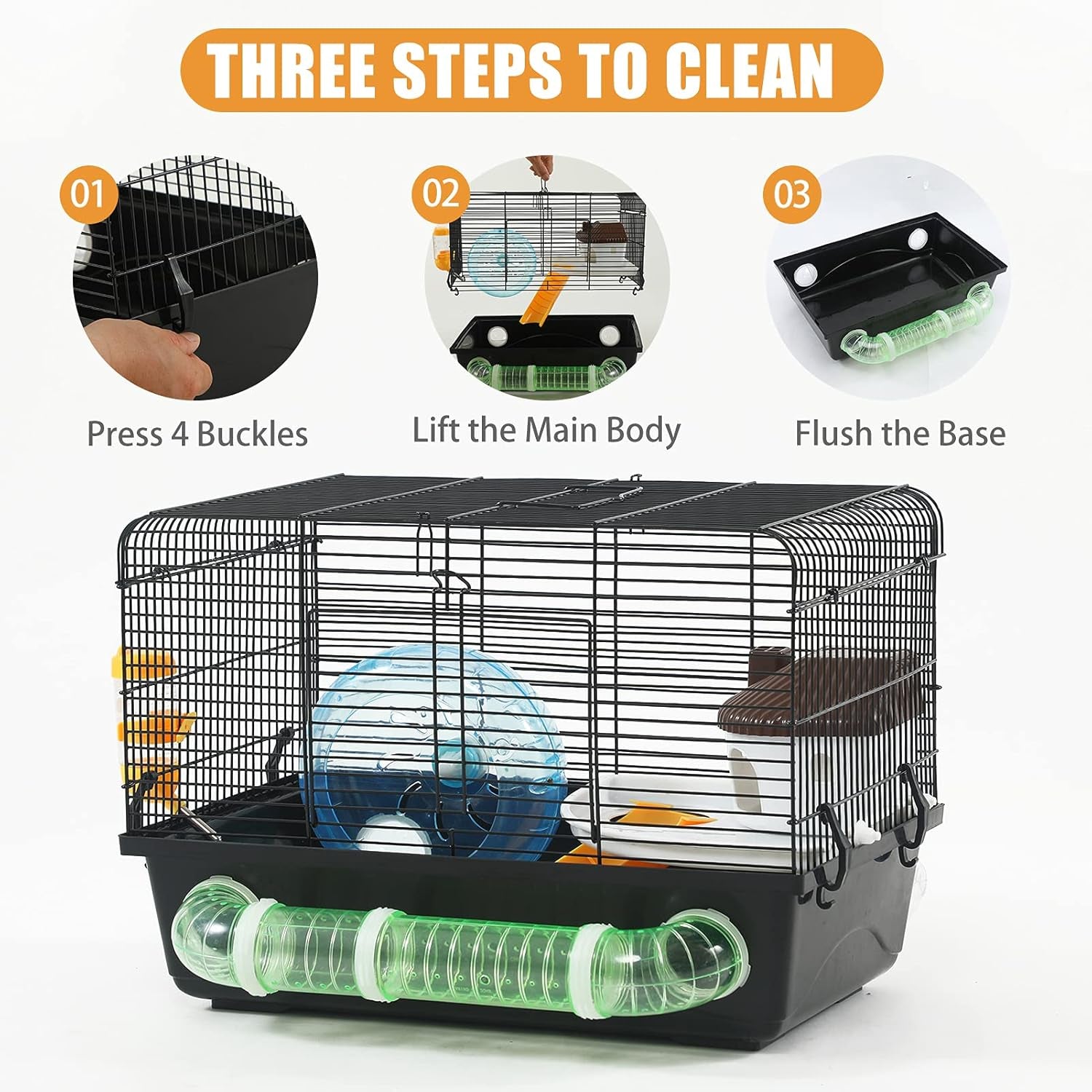 Large Dwarf Hamster Cage Habitats -  New Big Movable Hamster Cage Platform with Accessories Bathroom Tube Black Hamster Habitats for Gerbil Guinea Pig Syrian Dwarf 18.5 X 11.8 X 13.7Inches