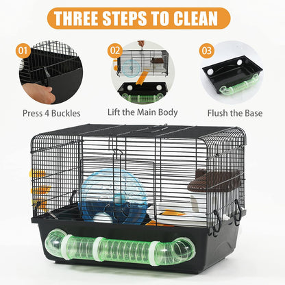 Large Dwarf Hamster Cage Habitats -  New Big Movable Hamster Cage Platform with Accessories Bathroom Tube Black Hamster Habitats for Gerbil Guinea Pig Syrian Dwarf 18.5 X 11.8 X 13.7Inches