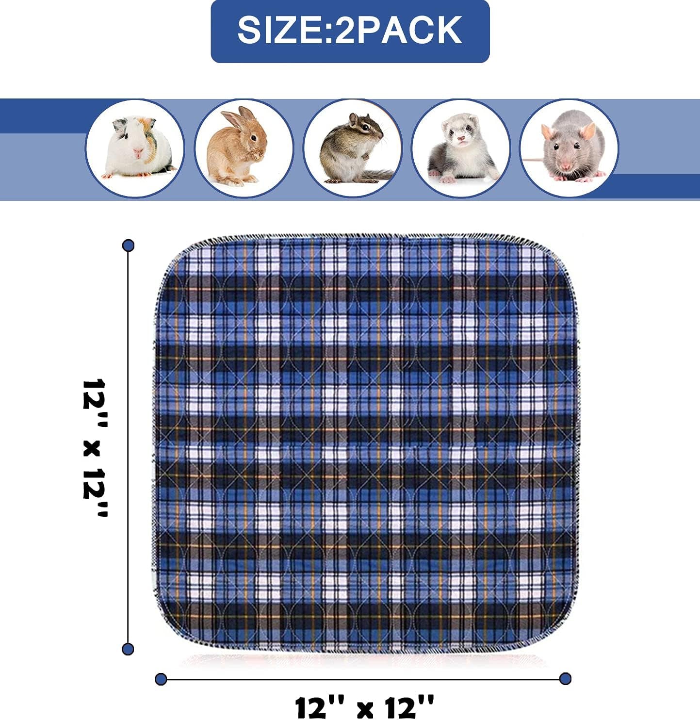 2 Pack Guinea Pig Cage Liners Guinea Pig Soft Bedding Washable & Air Dried Pee Pads for Guinea Pig Super Absorbent Non-Slip Small Animal Plaid Training Pads Mats (12" X 12" X 2, Blue)