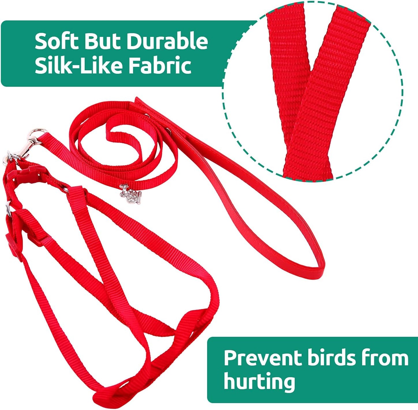 Bird Harness and Leash Kit Adjustable Anti-Bite, Fit for Large Medium Birds, Macaw,Budgerigar, Cockatoo, African Grey, and Reptiles, Lizards(Red Medium)