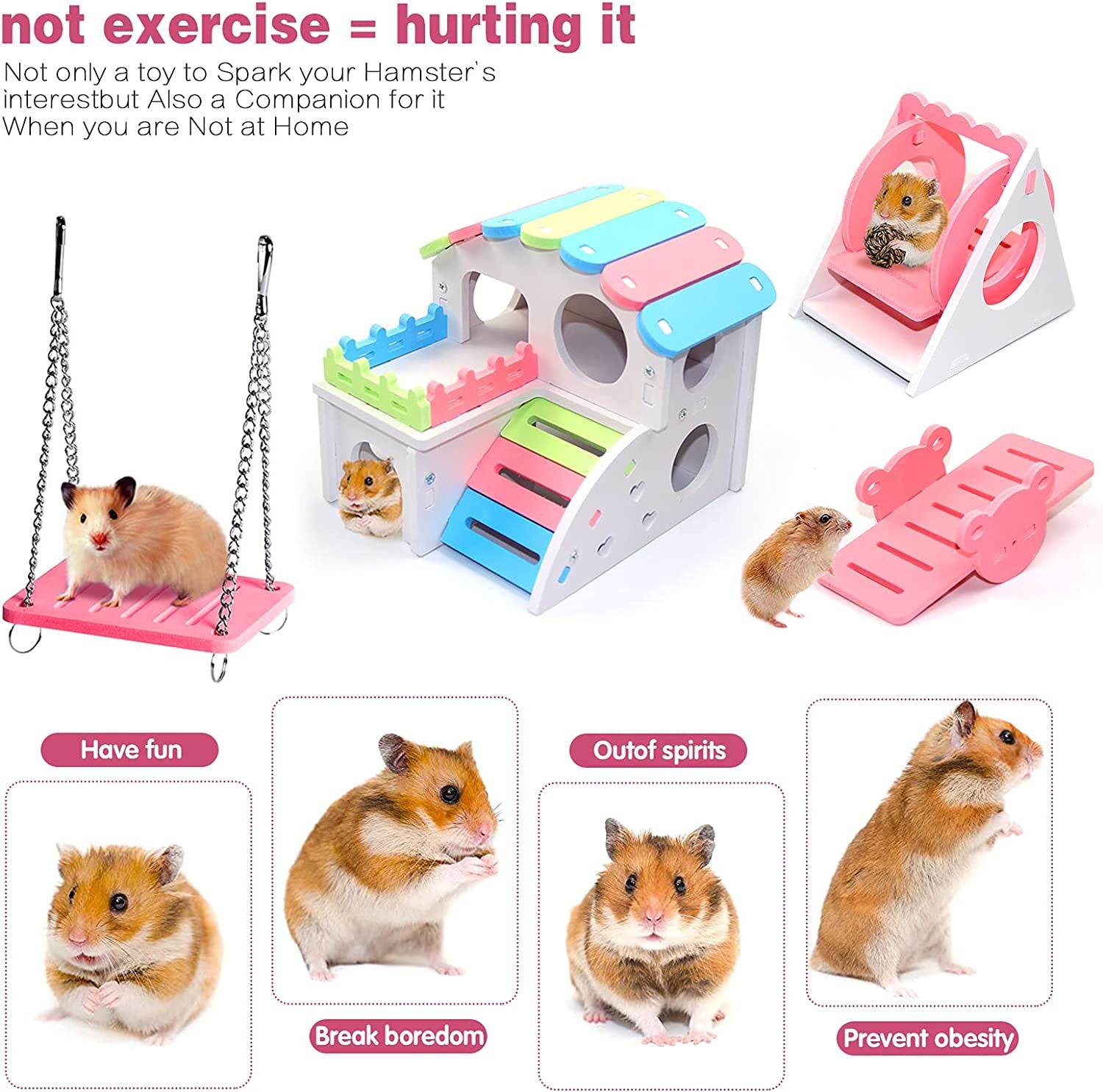 4 Pcs Hamster Toys, Dwarf Hamsters Toys Include Hamster House, Swing, Seesaw Hamster Sport Set DIY Wooden Hamster Cage Accessories for Small Hamsters Mice Gerbils (Pink)