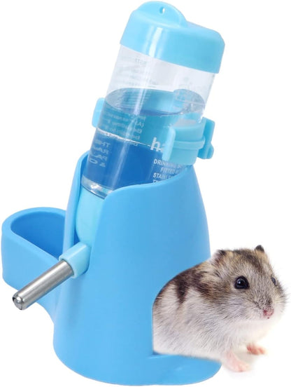 3 in 1 Hamster Hanging Water Bottle Pet Auto Dispenser with Base for Dwarf Hamster Mouse Rat Hedgehog (80ML, Blue)