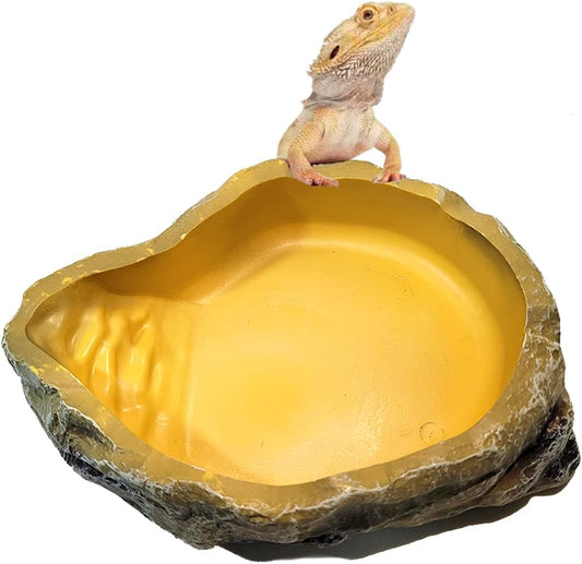 Large Reptile Feeding Bowls with Ramp Simulation Rock Resin Feeder Lizard Toad Tortoise Hedgehog Habitat Accessories Water Food Dish , 7.8 X 5.5 X 1.5 Inch (Large)