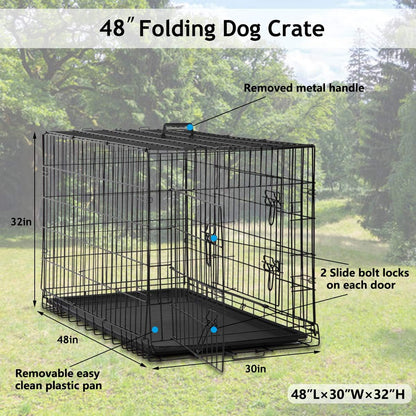 XXL Dog Cage, 48 Inch, Black, Leak Proof, Metal Wire Crate, Pet Animal Segregation Cage with Double-Divider, Tray, Handle for Dog Training, Indoor Use