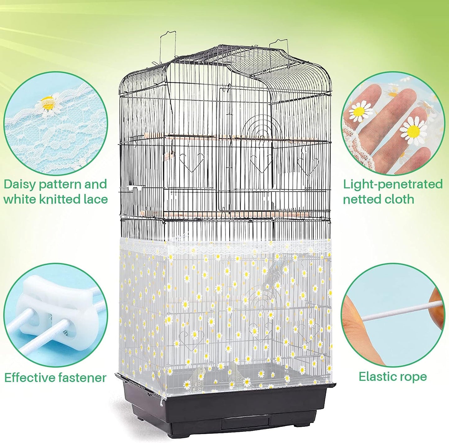 Large Bird Cage Cover Bird Cage Seed Catcher Netting Accessories Adjustable Nylon Skirt Guard for Parrot Parakeet Macaw(Large,White Daisy)