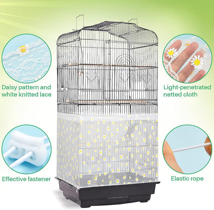 Large Bird Cage Cover Bird Cage Seed Catcher Netting Accessories Adjustable Nylon Skirt Guard for Parrot Parakeet Macaw(Large,White Daisy)