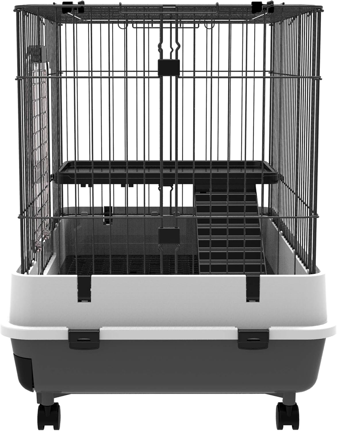 2-Level Small Animal Cage Rabbit Hutch with Wheels, Removable Tray, Platform and Ramp for Bunny, Chinchillas, Ferret, Black