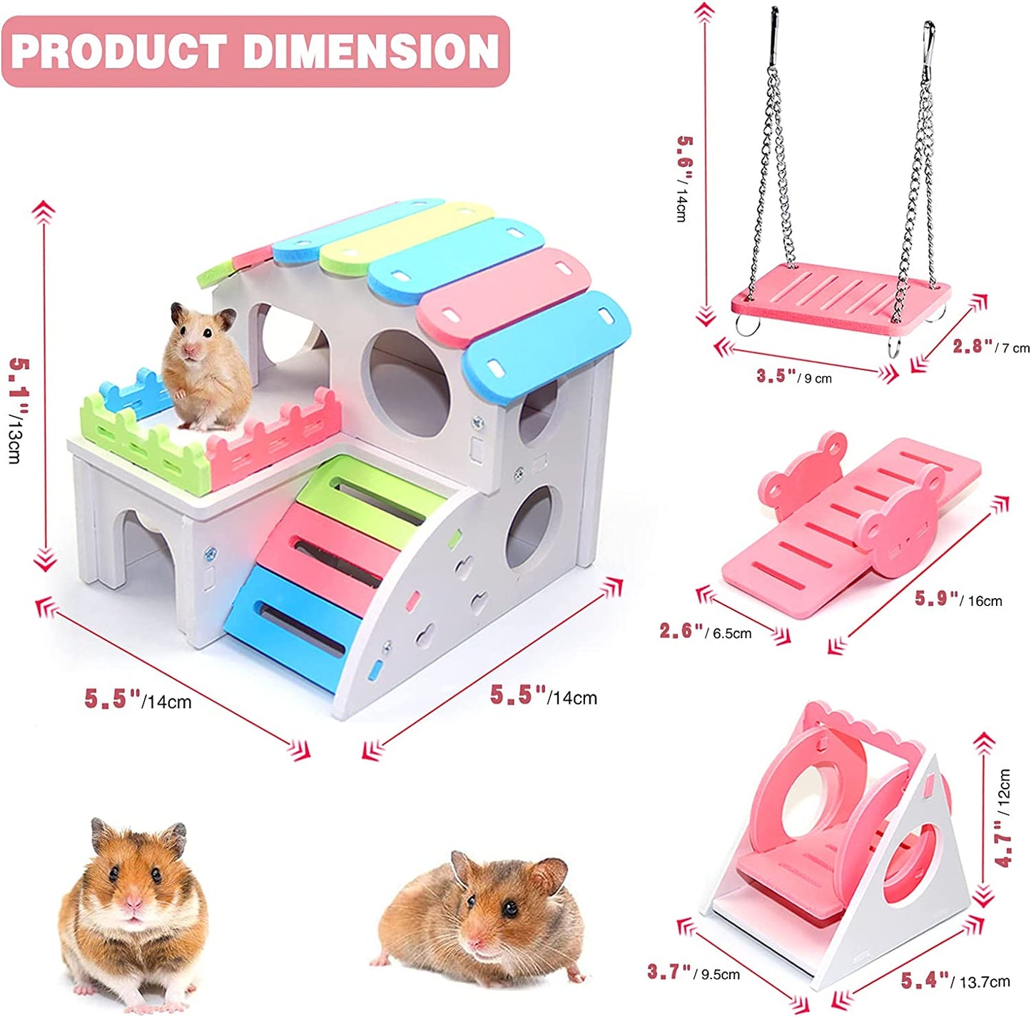 4 Pcs Hamster Toys, Dwarf Hamsters Toys Include Hamster House, Swing, Seesaw Hamster Sport Set DIY Wooden Hamster Cage Accessories for Small Hamsters Mice Gerbils (Pink)