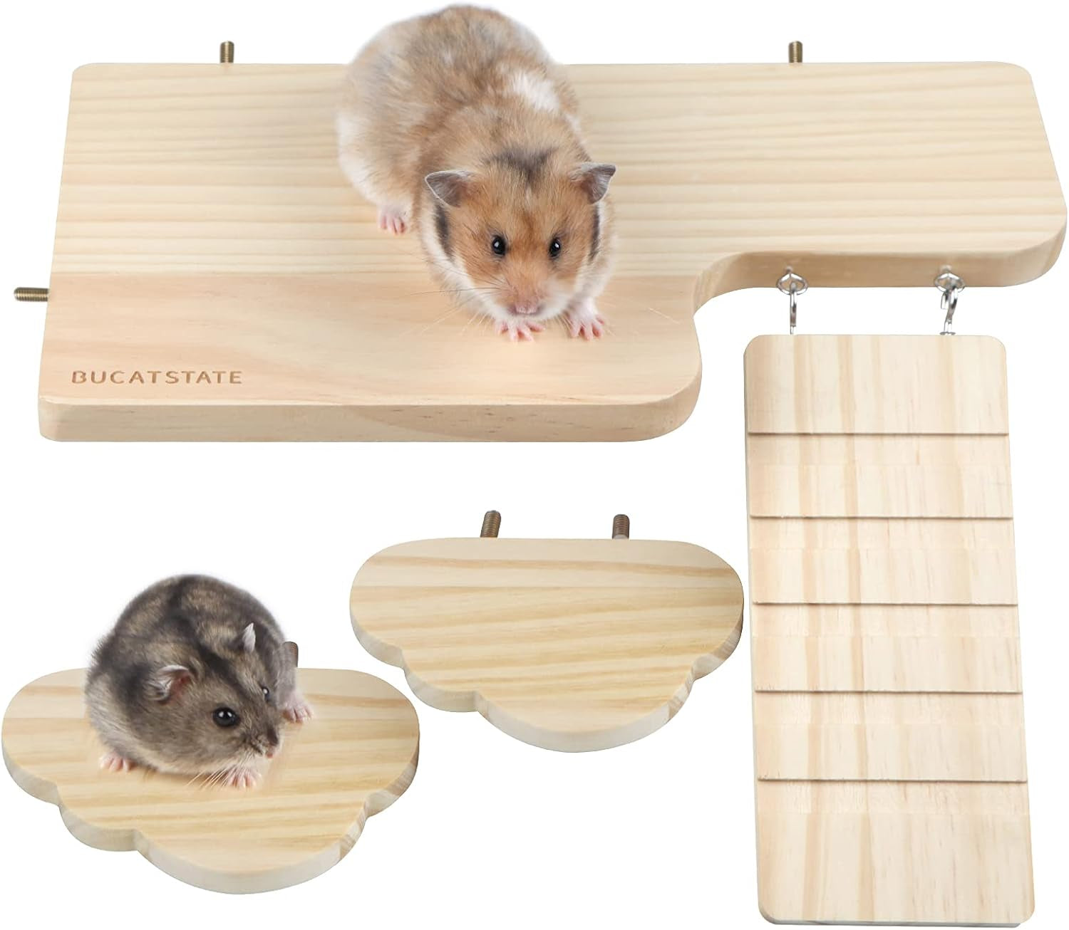 Hamster Wooden Platform Set with Ladder,Waterproof Surface,4 Pcs Cage Accessories for Mouse, Rat, Gerbil and Dwarf