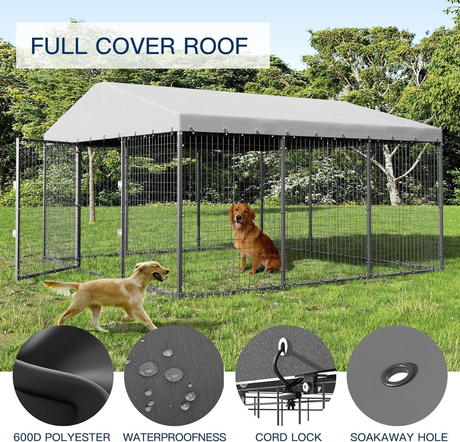 Large Outdoor Dog Kennel Heavy Duty Dog Cage Dog Fence with Roof Cover and Sturdy Galvanized Metal Frame,Double Safety Locks