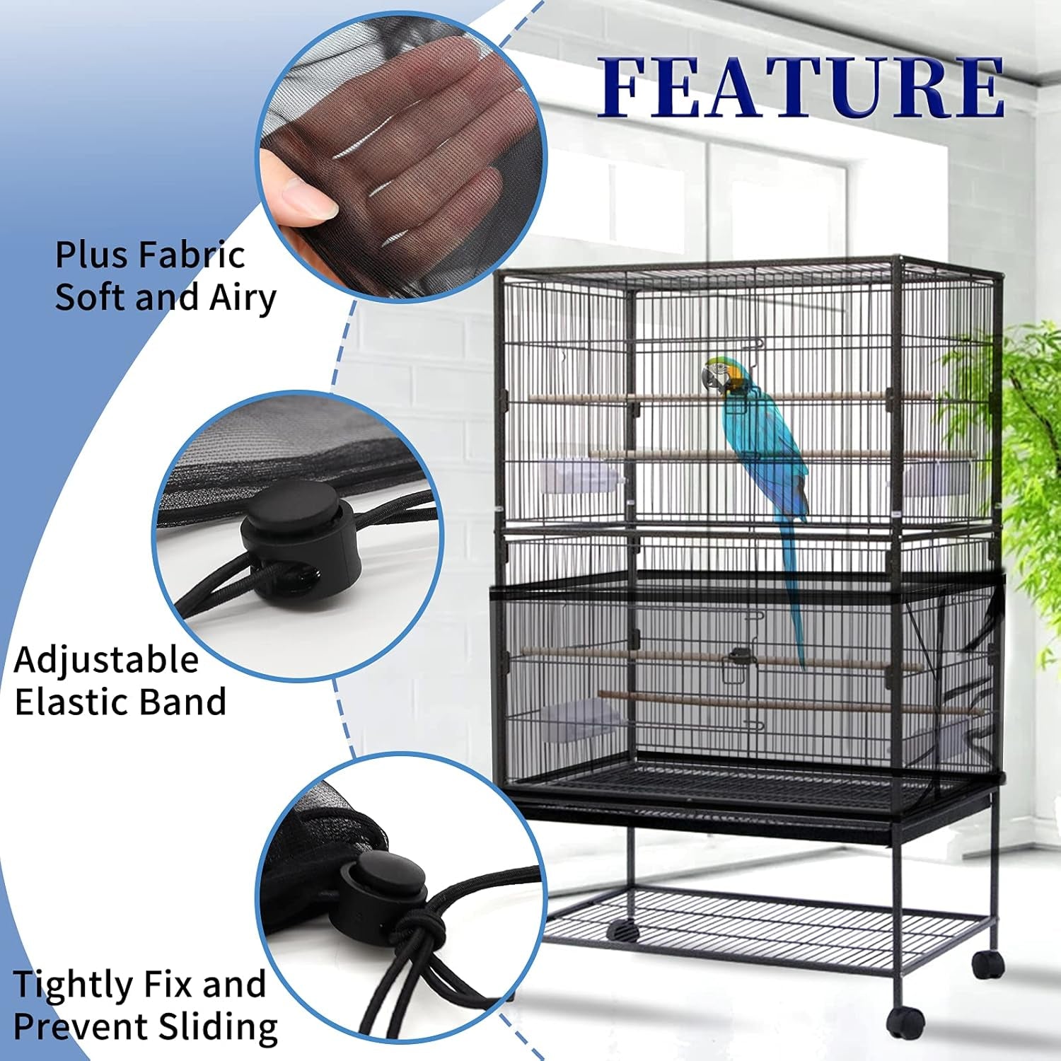 Large Bird Cage Cover, Bird Cage Seed Catcher, Adjustable Soft Airy Nylon Mesh Net, Birdcage Cover Skirt Seed Guard for Parrot Parakeet Macaw African round Square Cages (Black)