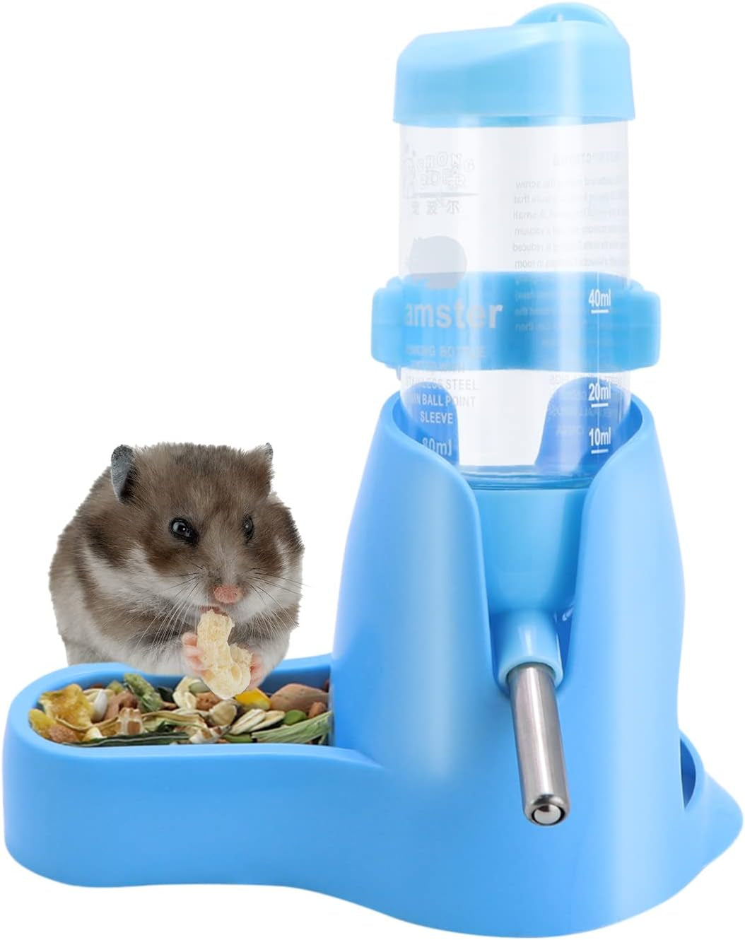 3 in 1 Hamster Hanging Water Bottle Pet Auto Dispenser with Base for Dwarf Hamster Mouse Rat Hedgehog (80ML, Blue)