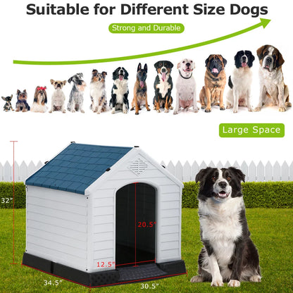 Indoor Outdoor Dog House Big Dog House Plastic Dog Houses for Small Medium Large Dogs 32 Inch High All Weather Dog House with Base Support for Winter Tough Durable House with Air Vents Elevated Floor