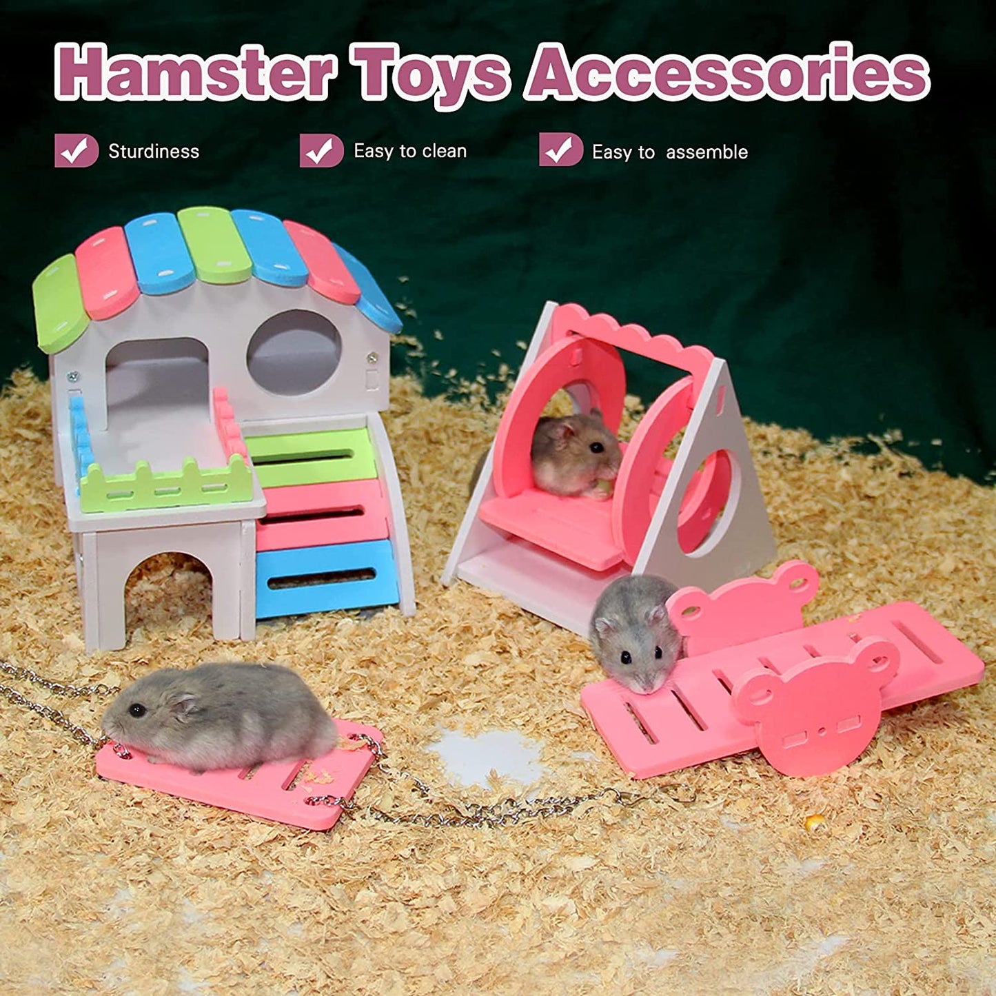 4 Pcs Hamster Toys, Dwarf Hamsters Toys Include Hamster House, Swing, Seesaw Hamster Sport Set DIY Wooden Hamster Cage Accessories for Small Hamsters Mice Gerbils (Pink)