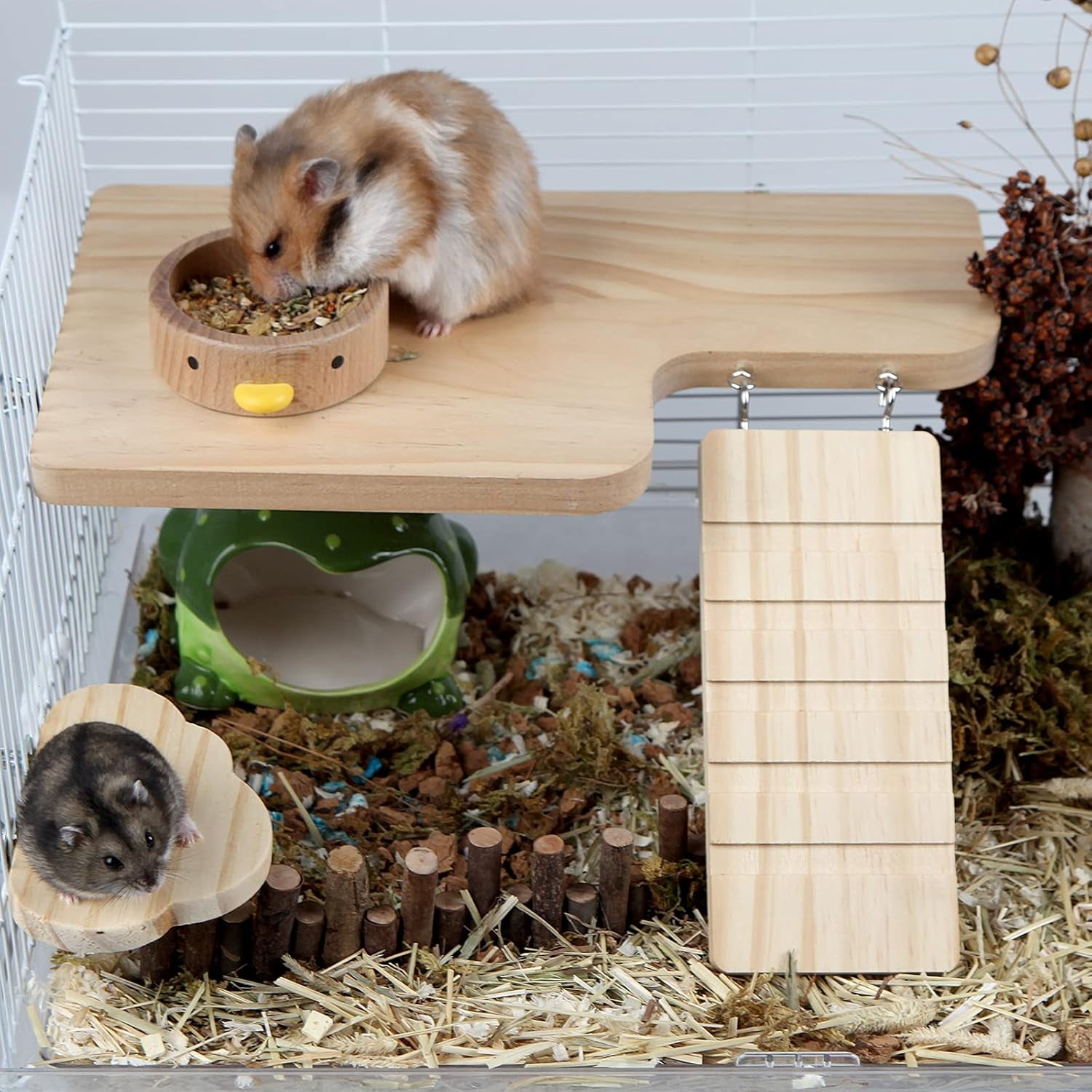 Hamster Wooden Platform Set with Ladder,Waterproof Surface,4 Pcs Cage Accessories for Mouse, Rat, Gerbil and Dwarf