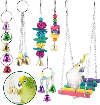 6 Pack Bird Parrot Chewing Toys Set, Bird Perches Swing Toys Hanging Toys with Bells for Parakeets, Cockatiels, Conures, Macaws, Parrots, Finches and Love Birds