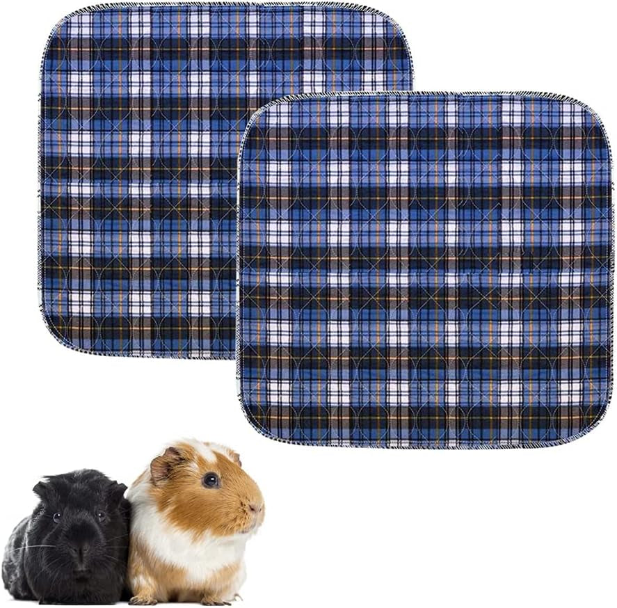 2 Pack Guinea Pig Cage Liners Guinea Pig Soft Bedding Washable & Air Dried Pee Pads for Guinea Pig Super Absorbent Non-Slip Small Animal Plaid Training Pads Mats (12" X 12" X 2, Blue)