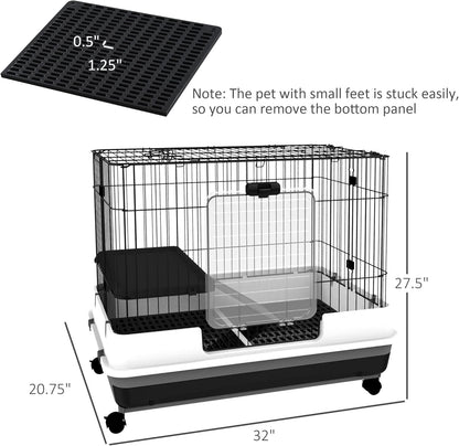 2-Level Small Animal Cage Rabbit Hutch with Wheels, Removable Tray, Platform and Ramp for Bunny, Chinchillas, Ferret, Black